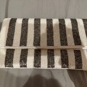 Beaded Black and White Striped Fold-Over Clutch